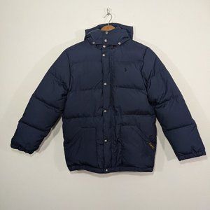 Polo Ralph Lauren Boys sz L 14 16 Down Filled Coat Blue Puffer Zip Up Hood Snaps